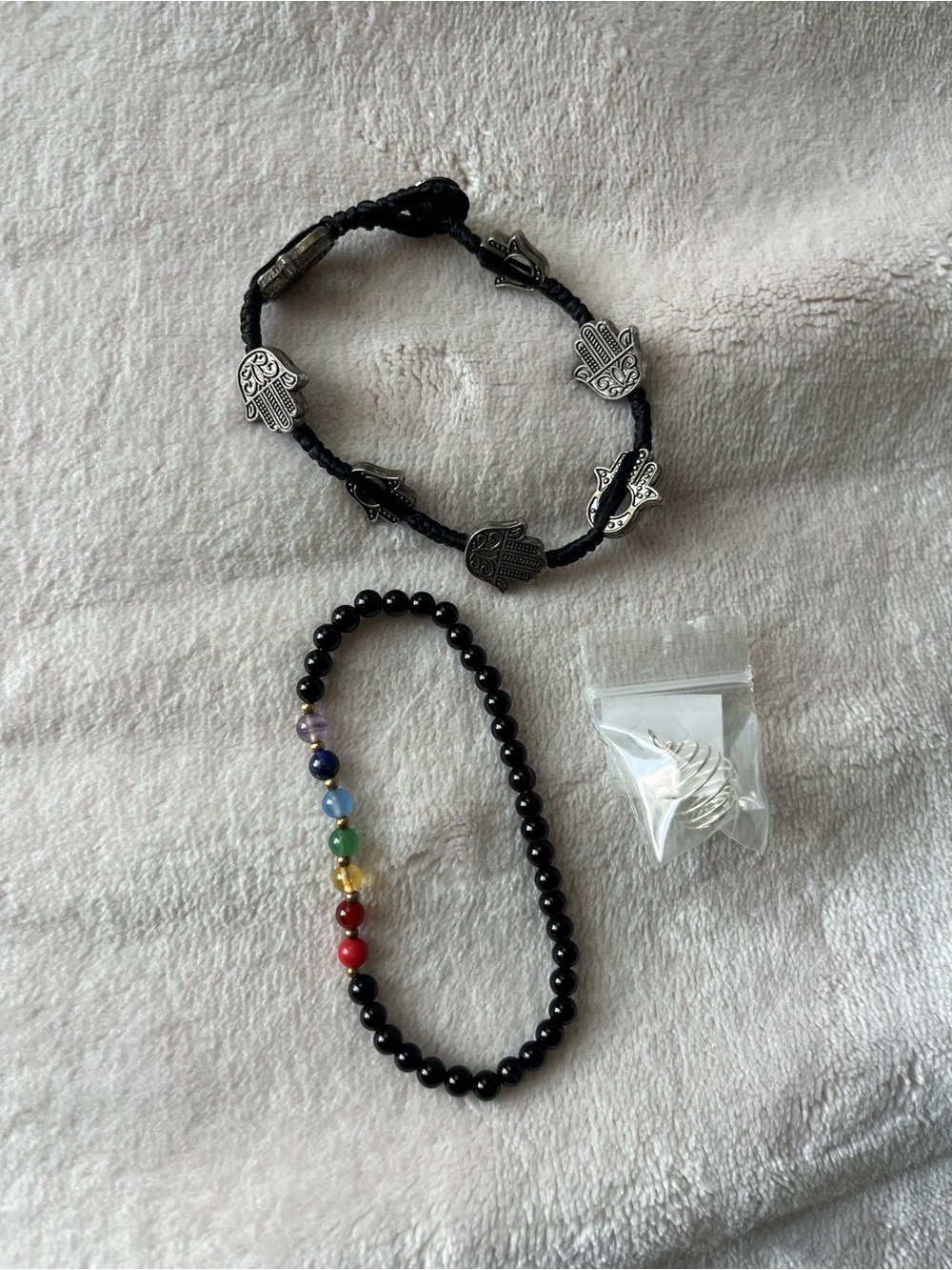Black Hamsa Charm Braided Bracelet with Beaded Chakra Stretch Bracelet